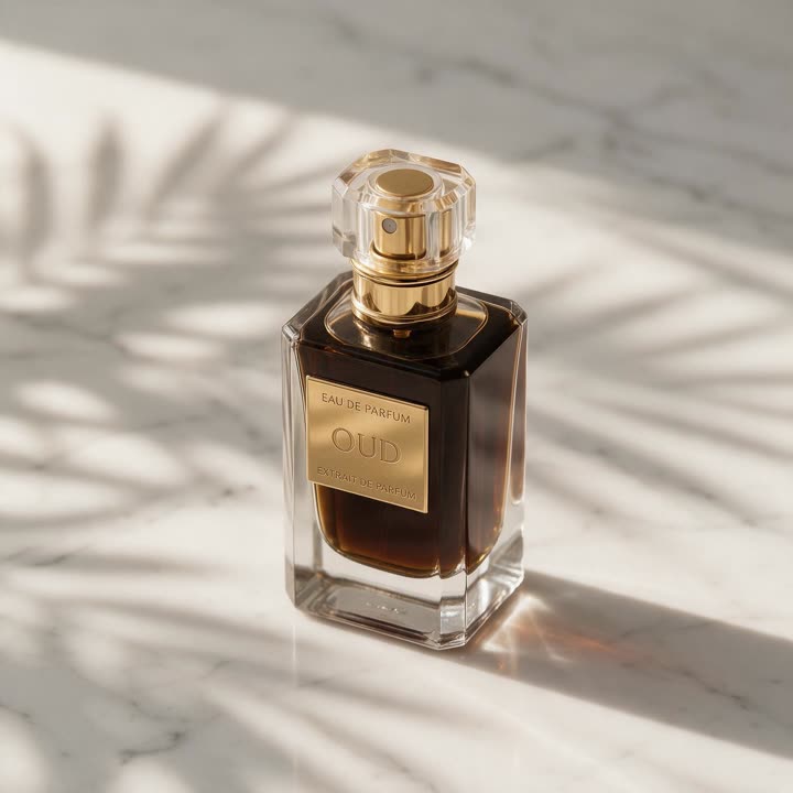 A product photo made in Images: an oud perfume on marble with palm shadows.